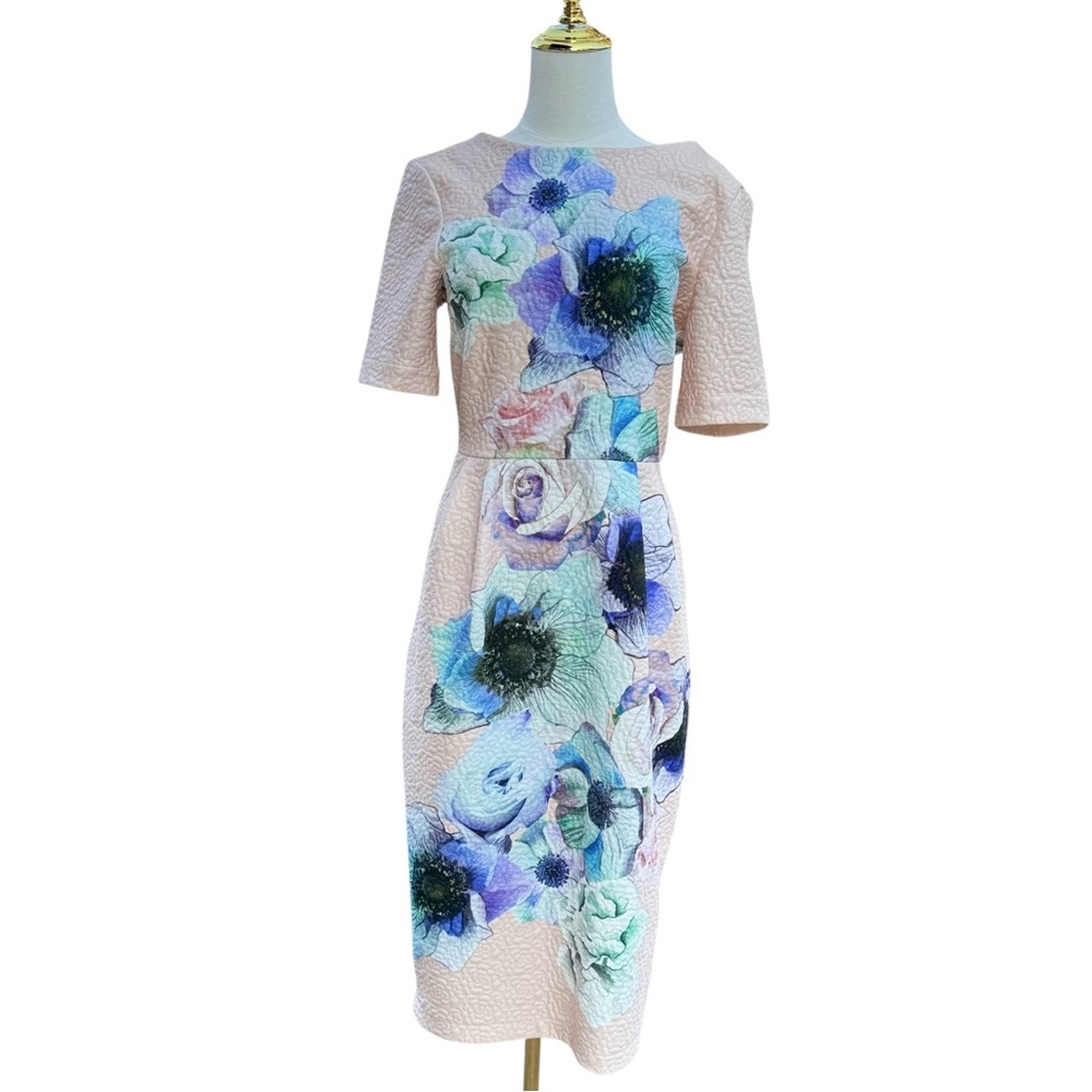 Floral Midi Sheath Dress in Blush with Blue Sz 8